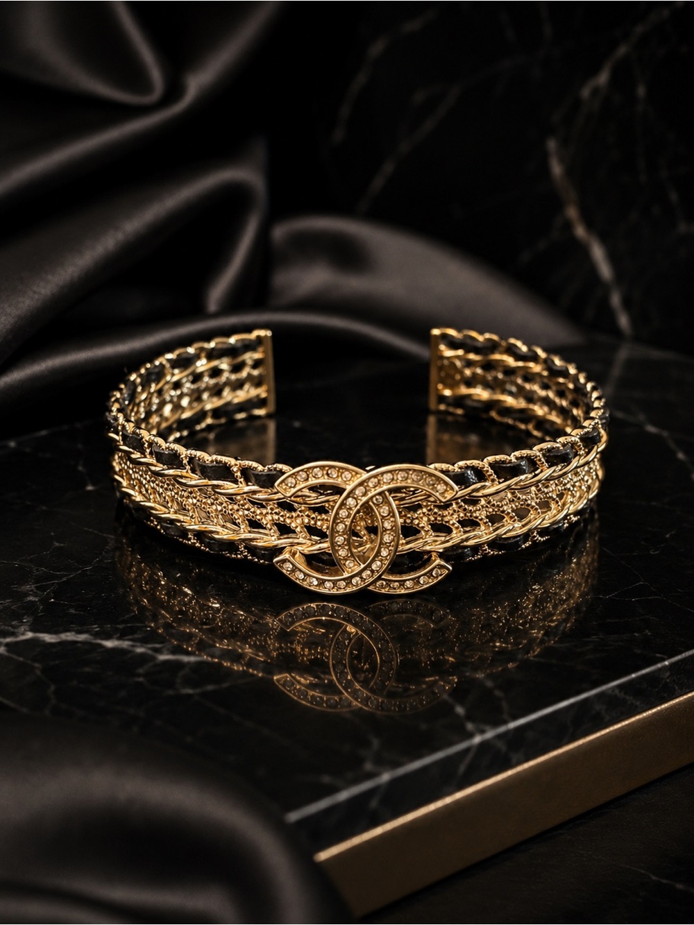 Gold Crystal Interlocking CC Cuff Bracelet